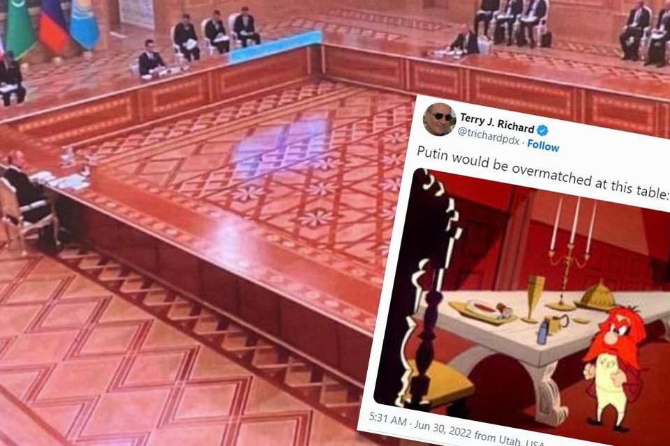 De voorkeur van Poetin voor gigantische tafels is bron voor humor op het wereldwijde web. 