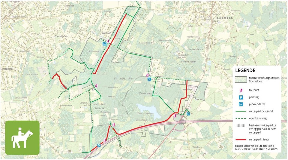Het nieuwe ruiterpad in het rood zal onder meer langs de Sjauwel lopen.