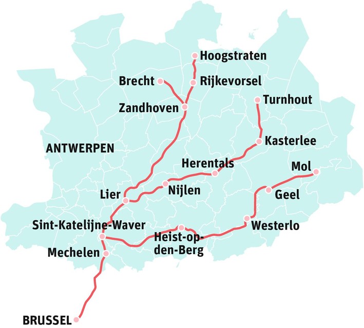 Vertrekplaatsen en stopplaatsen in provincie Antwerpen. De colonne die Mol aandoet vertrekt in het Limburgse Pelt.