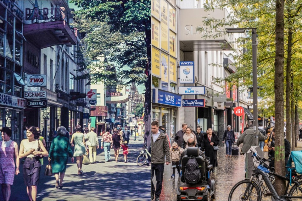De De Keyserlei toen en nu, met links het reisbureau WATS, dat vroeger Wirtz heette. Het is de oudste zaak op de boulevard.