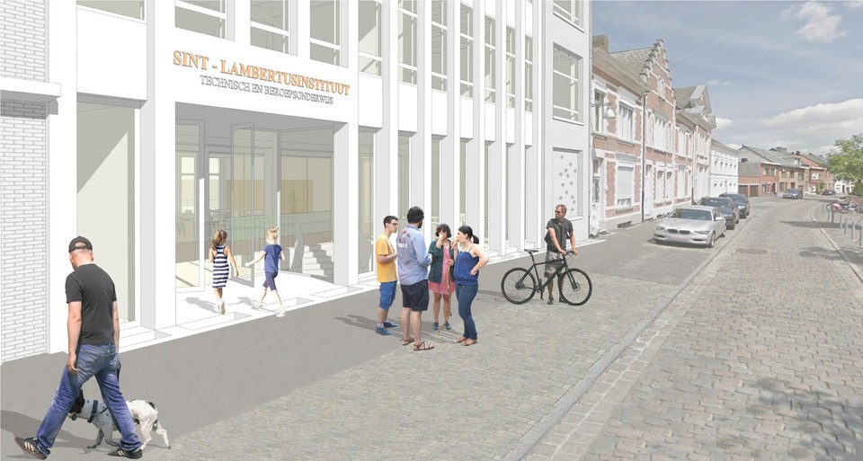 Zo gaat de voorkant van de school aan het kerkplein eruitzien na de werkzaamheden.