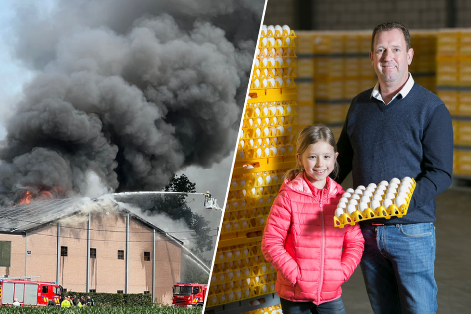 Een defect aan een warmtewisselaar veroorzaakte een enorme brand bij Eierveiling Poederlee. Rechts zaakvoerder Michel Van Hees met zijn dochter in betere tijden. 