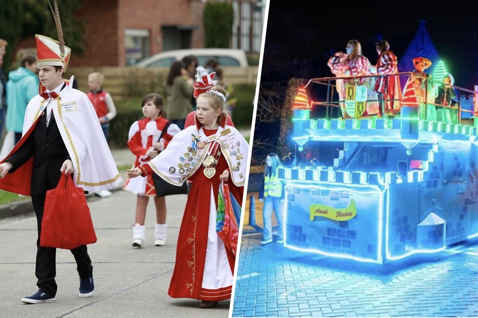 Links: archiefbeeld van het Kindercarnaval in Schriek, Rechts: de Uylegilde nam recht deel aan de lichtstoet in Aarschot met haar verlicht prinsenkasteel.