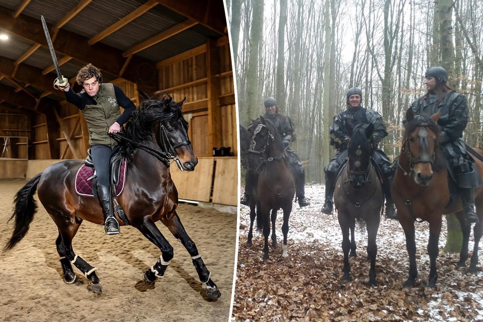 De paarden van Dietrich Verzele (links) worden ingezet in allerlei producties, onder meer  ‘Het verhaal van Vlaanderen’ en ‘Storm: letters van vuur’ (rechts)