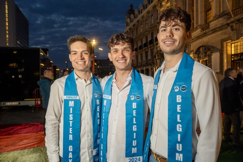 Drie kandidaten voor Mister Gay Belgium 2024: Jeroen Demaldré, Jarne Cackebeke, Branco Craeyeveld.