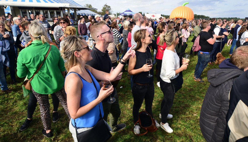 Honderden toeschouwers proberen tijdens het BK pompoenschieten in Kasterlee een glimp van het spektakel op te vangen. 