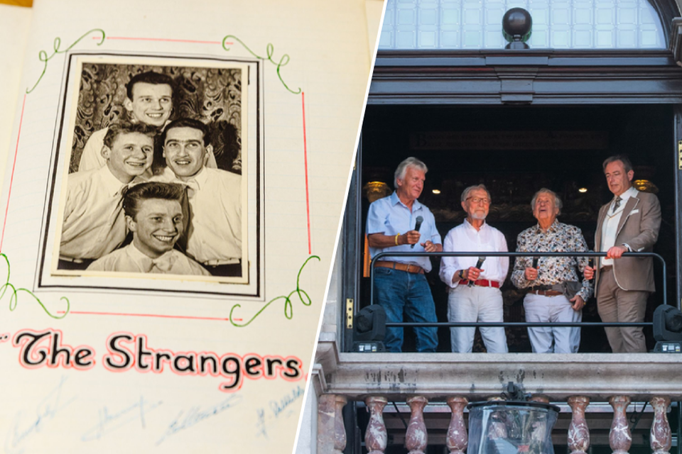 Links: The Strangers in de jaren 50. Rechts: Bij de heropening van het stadhuis kondigde Bart De Wever zijn gasten aan als “levend erfgoed van de stad”. 