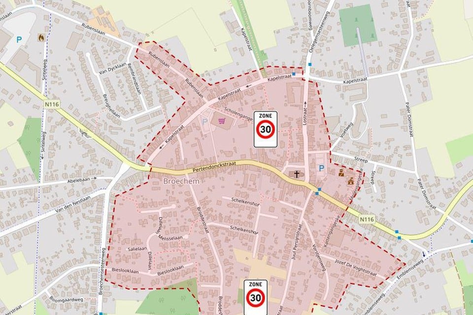 De zone 30 in het centrum van Broechem.