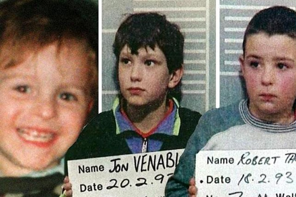 James Bulger (l) en zijn twee jonge moordenaars. Hun identiteit werd in Groot-Brittannië niet beschermd, ook al waren ze amper tien