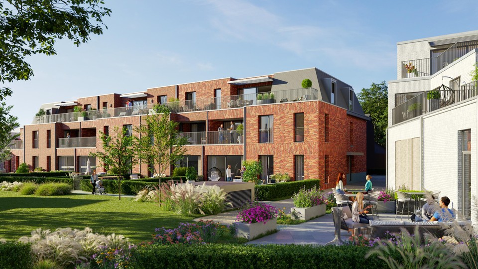 De achtergevel van de appartementen in de Kazernestraat. Alle woongelegenheden liggen rond een gemeenschappelijke binnentuin.