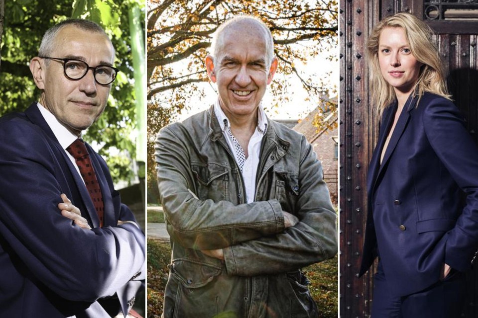 Links: federaal minister van Volksgezondheid Frank Vandenbroucke (Vooruit). Midden: biostatisticus Geert Molenberghs. Rechts: Antwerps schepen van Gezondheidszorg Els van Doesburg.