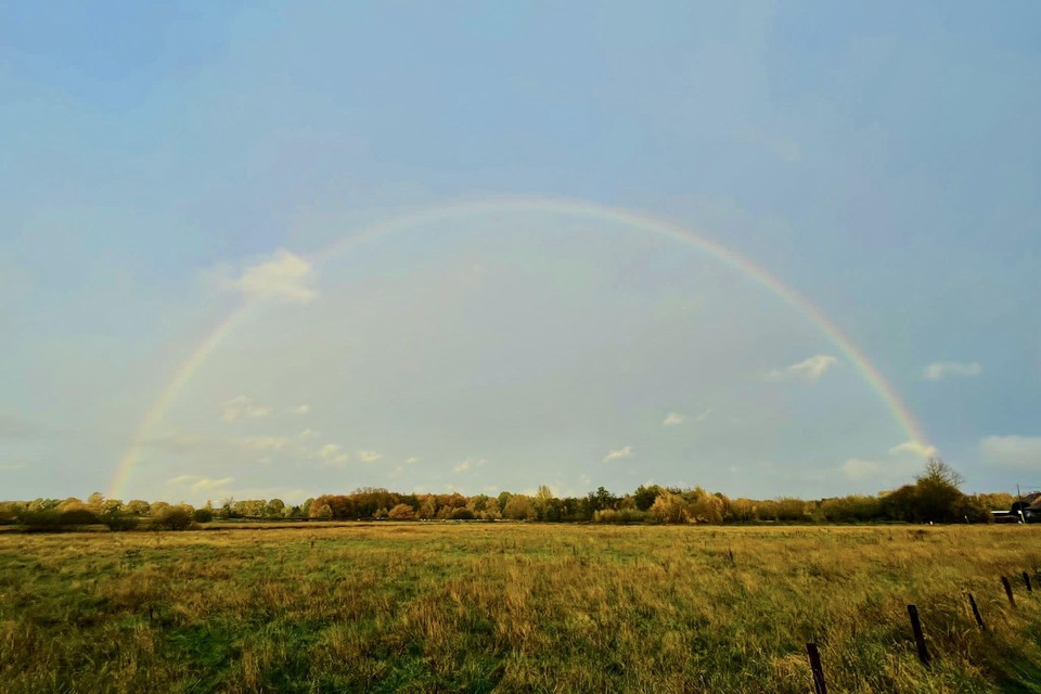 Een volledige regenboog aan de Langendijk tussen Hallaar en Itegem. 