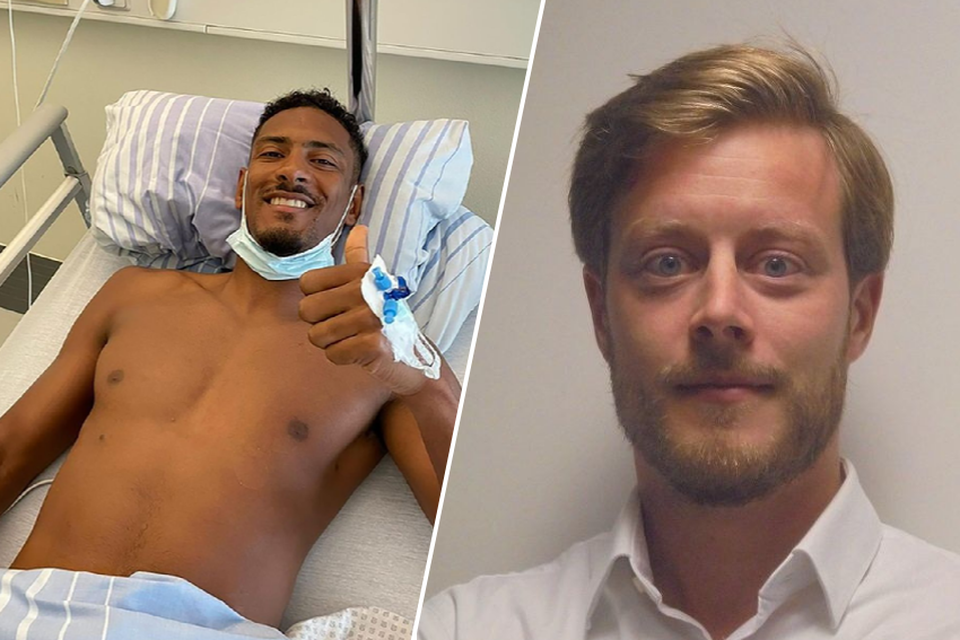 Links: profvoetballer Sébastien Haller in het ziekenhuis. Rechts: uroloog Filip Poelaert.