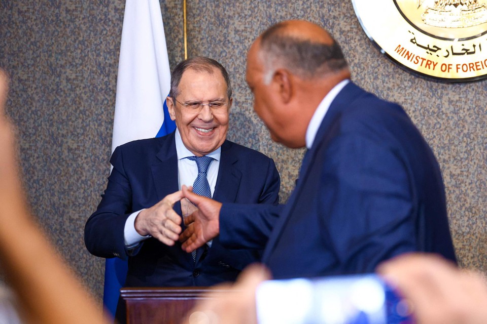 Lavrov (l.) met de minister van Buitenlandse Zaken van Egypte, Sameh Shokry. 