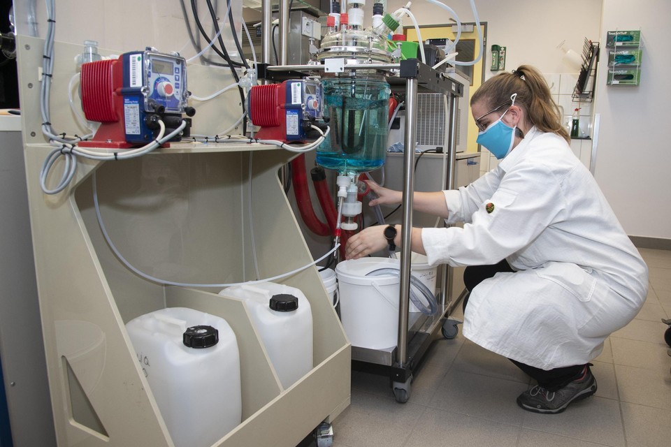 Lise Soetemans aan een bioreactor van de Vlaamse Instelling voor Technologisch Onderzoek (VITO). Uit de buitenkant van insecten haalt ze de stof chitosan.