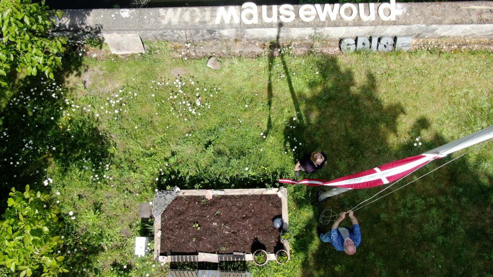 Een nieuwe Deense vlag wordt gehesen. Net daarvoor heeft Bert bewezen dat je met de letters van ‘museumgod’ en ‘dogmuseum’ ook ‘mausewoud’ kunt spellen. Daarvoor heeft hij creatief de ‘g’ tot ‘a’ verdraaid en een ‘m’ omgekeerd.