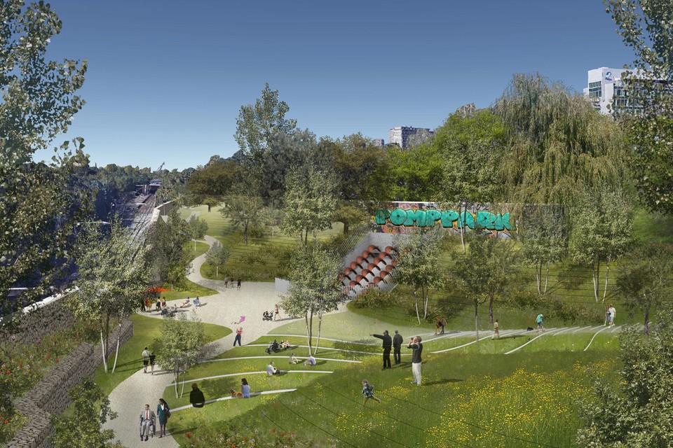 Een toekomstbeeld van Pomppark Zuid langs de Ring. 