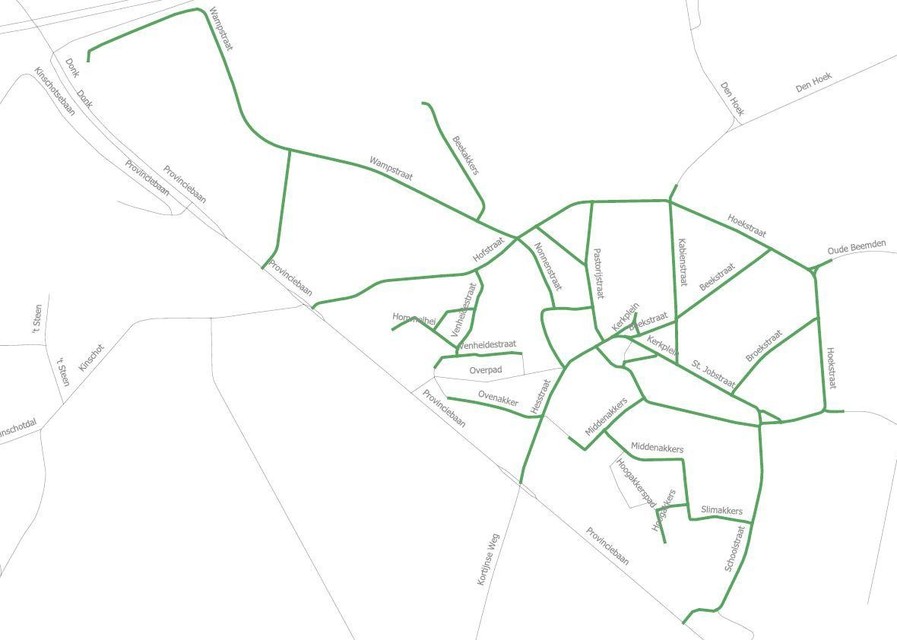 Alle groen gekleurde straten, nagenoeg de hele dorpskern, vallen in de zone 30.