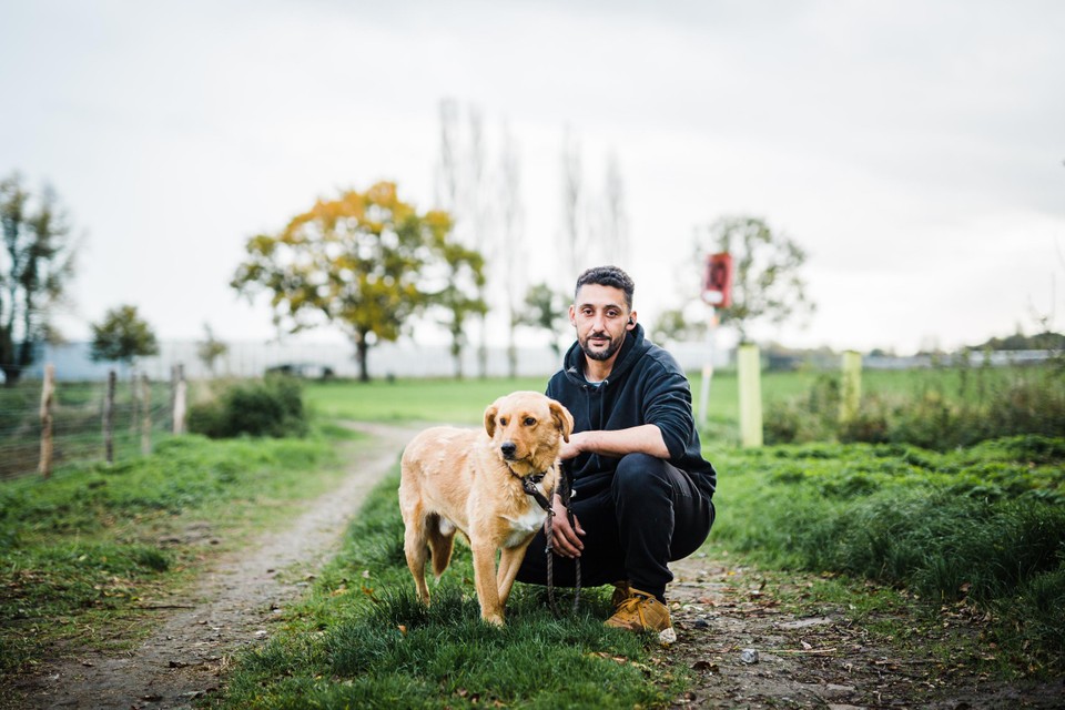 Verzorger Hassan Temsamani in het dierenasiel van Wommelgem, met Sam, een uit Griekenland geadopteerde hond. Hij werd afgestaan omdat hij bezoek aanviel, vond toch hier een nieuwe thuis, maar stelde opnieuw hetzelfde gedrag en kwam weer in het asiel terecht.  