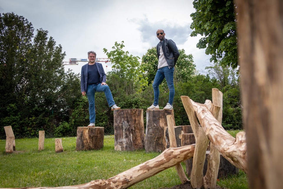 Oude boomstammen krijgen een nieuw leven als natuurspeeltuin in de Gandhiwijk.