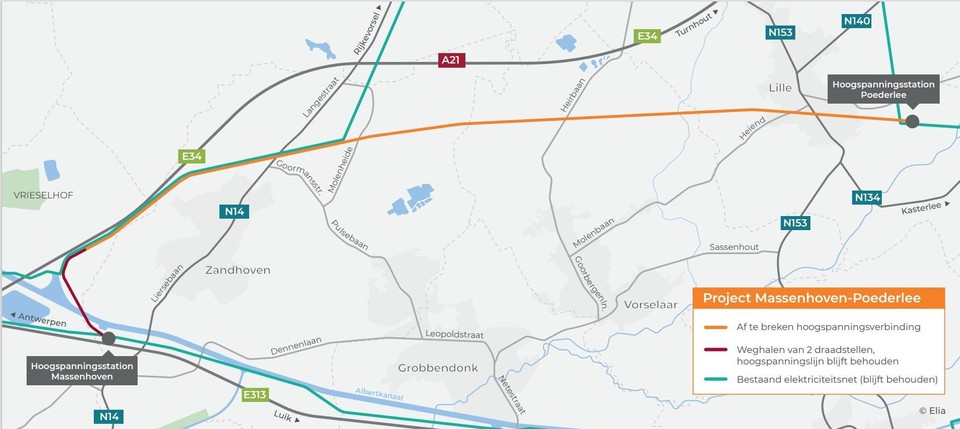 De oranje lijn is de af te breken hoogspanningsverbinding.