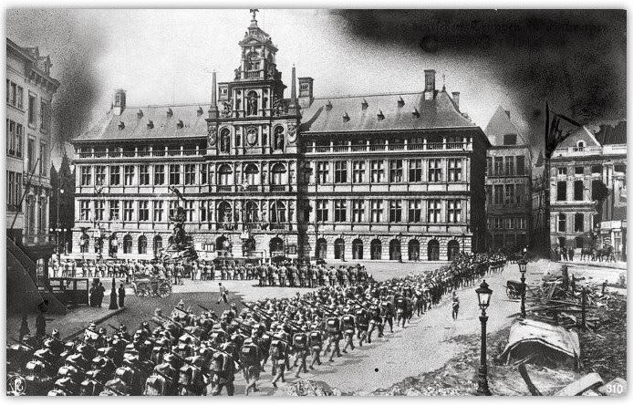 German troops march into Antwerp, October 9, 1914. 