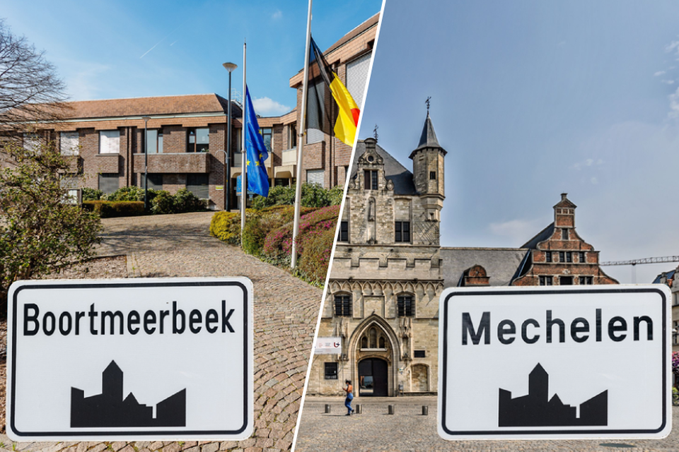 Het gemeentehuis van Boortmeerbeek en het stadhuis van Mechelen. Beide besturen praten over een fusie.  
