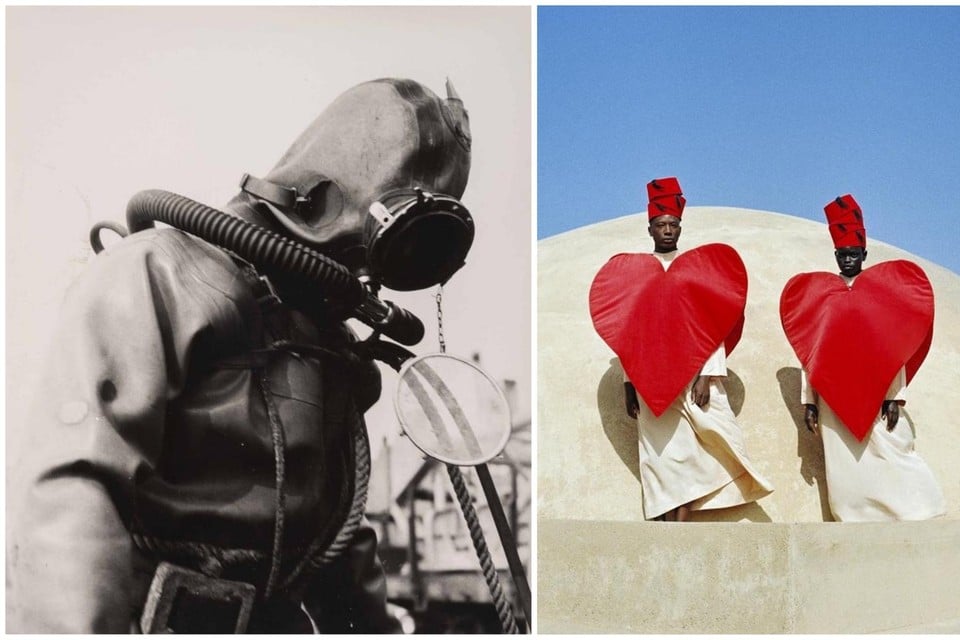 LINKS : Een duiker maakt zich klaar. 1960-1970. RECHTS: To the moon and back’ (2020)