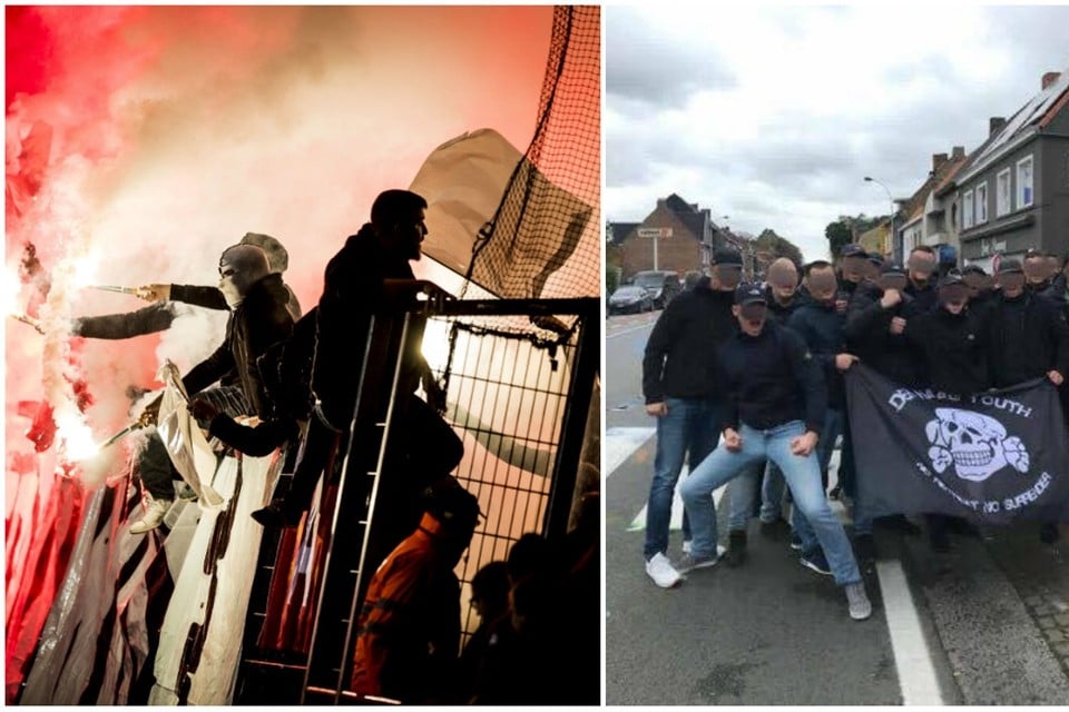 Rechts: De bewuste hooligans van ADO Den Haag, vorige week zondag in Brugge 