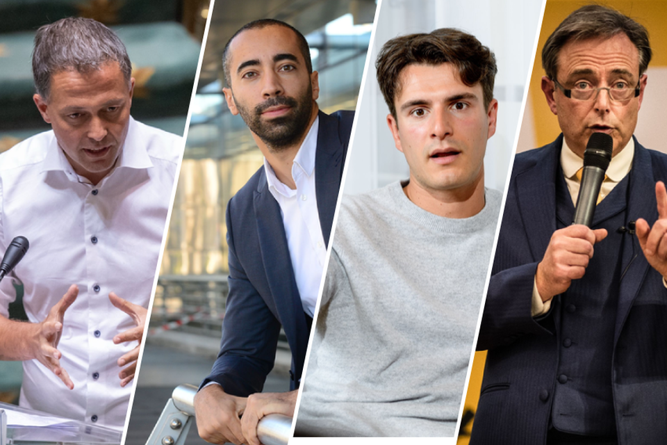 Vier Vlaamse partijvoorzitters: Egbert Lachaert (Open Vld), Sammy Mahdi (CD&amp;V), Conner Rousseau (Vooruit) en Bart De Wever (N-VA). 
