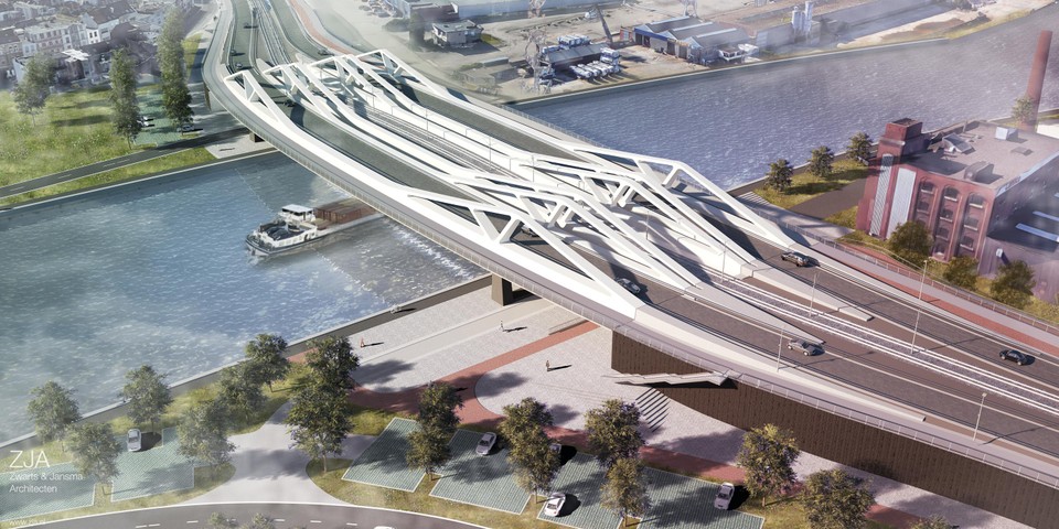 Een simulatie van de Theunisbrug, zoals die eruit zal zien na afwerking. Linksboven een blik op de groene ruimte en buurtparking die er ontstaat aan de Tweemontstraat.