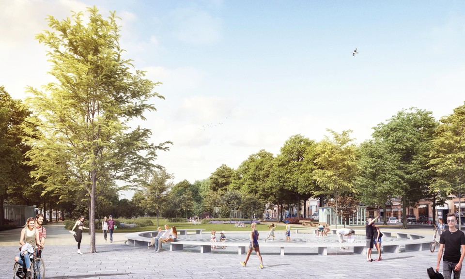 Een simulatie laat de fontein in het midden van het Zuidpark zien. Het volledige park is klaar in de lente van 2024. 