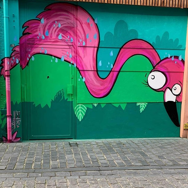 De flamingo die Isabelle Scheers eerder realiseerde in de Blauwstraat. 