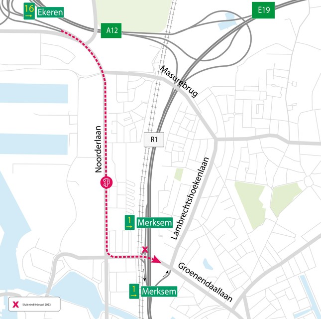 Verkeer wordt omgeleid via het complex Ekeren aan de A12 en de Noorderlaan.