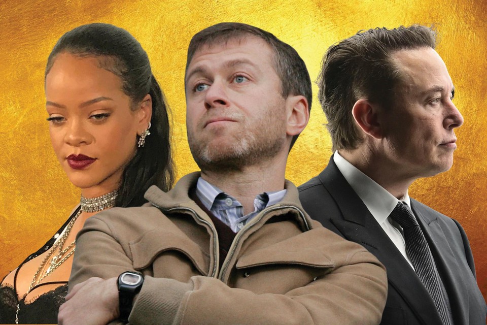 Rihanna is nieuw in de lijst met miljardairs, de Russische oligarch Roman Abramovich (midden) verloor zowat de helft van zijn fortuin en Elon Musk (rechts) is voortaan de allerrijkste. 