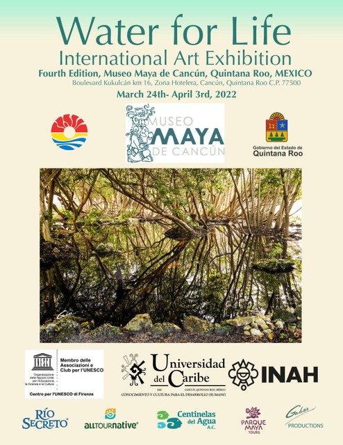 De affiche van de expositie Water for life in het Maya museum in het Mexicaanse Cancun. 