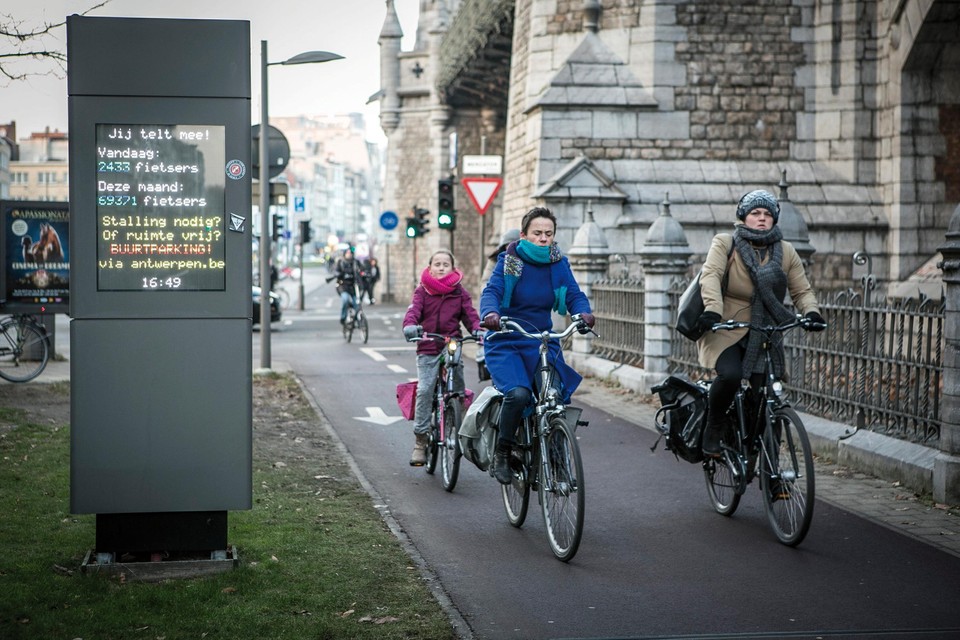 Aan de fietstelpaal in de Mercatorstraat in Antwerpen passeerden in 2020 maar liefst 1.577.172 fietsers.