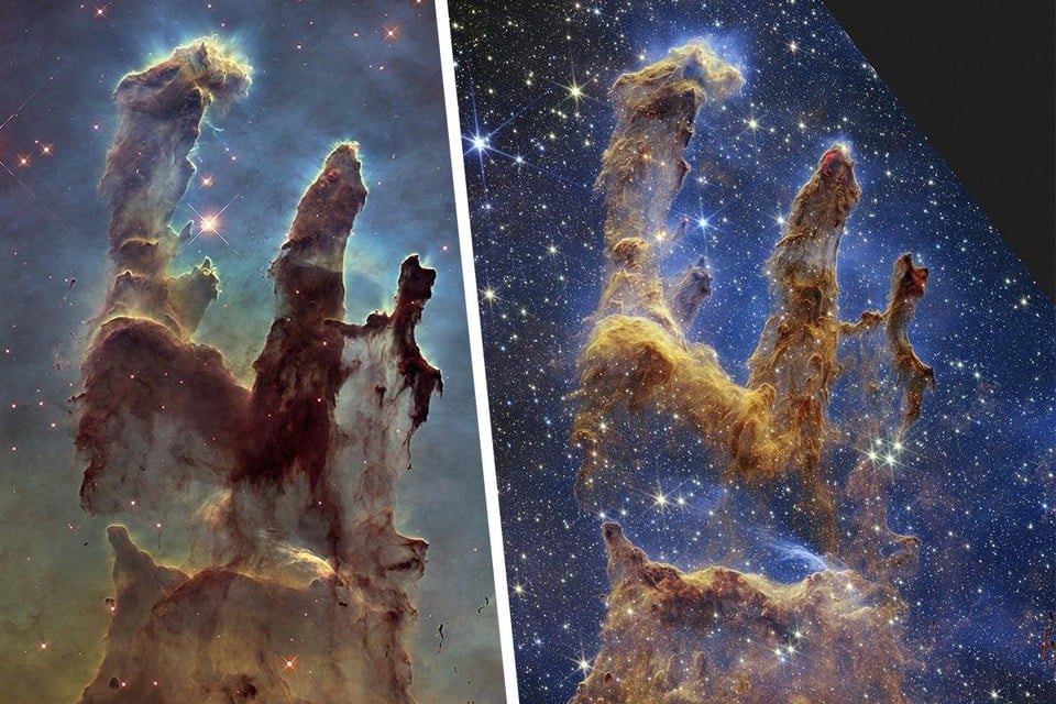 A sinistra l'immagine scattata dal telescopio Hubble nel 2014, a destra l'immagine ripresa dal telescopio James Webb e condivisa dall'ESA la scorsa settimana.  
