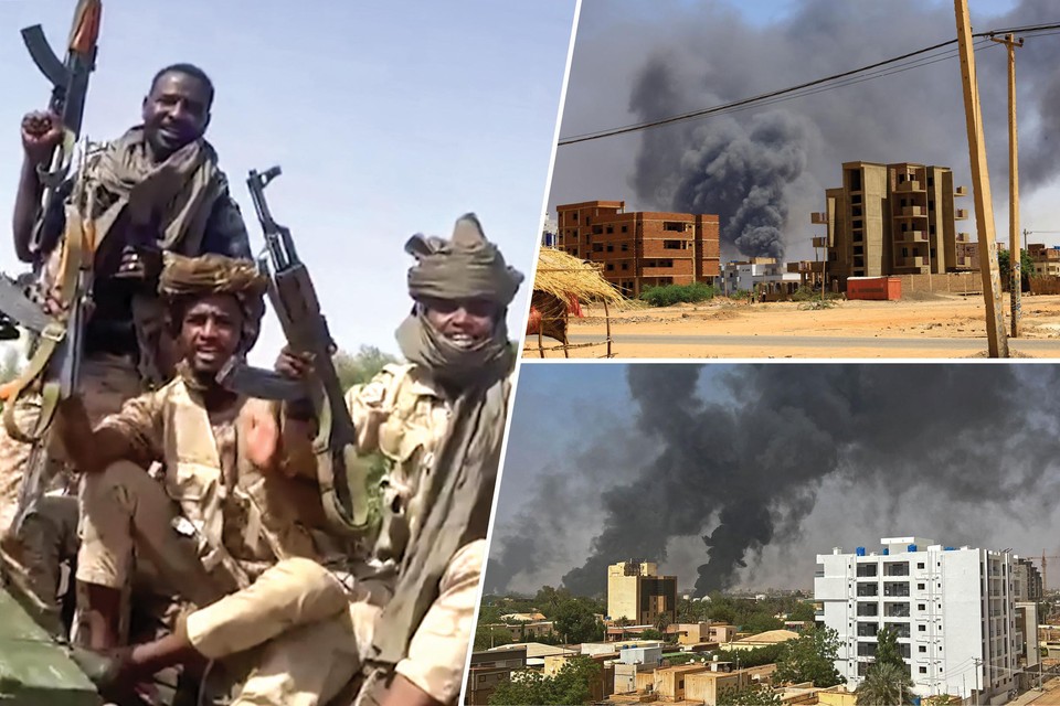 Links: leden van de RSF. Rechts: archiefbeelden van aanvallen in Khartoem.