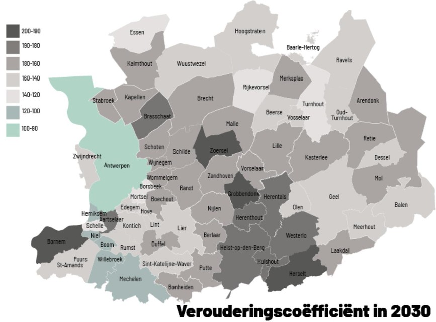 Deze kaart toont aan hoe hard de Antwerpse steden en gemeenten vergrijzen. Hoe grijzer, hoe ouder de bevolking in die gemeente. 