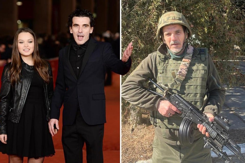 Links: Olias Barco op de rode loper in Cannes in 2013. Rechts: in de loopgraven in Oekraïne 