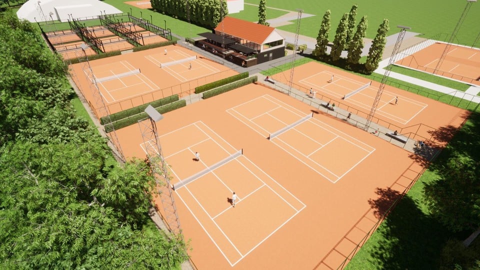 Vanaf de paasvakantie zal de tennisclub er zo uitzien: met het nieuwe tennisveld rechts langs het clubhuis. 